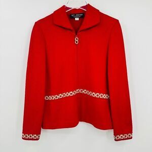 St. John Collection Size 4 Red Santana Knit Gold Chain Zip Up Jacket Long Sleeve